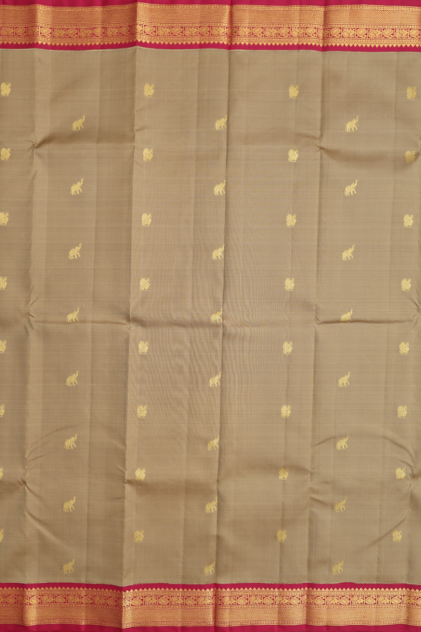 Kanchipuram Silk Saree In Dark Khaki With Elephant Buttas