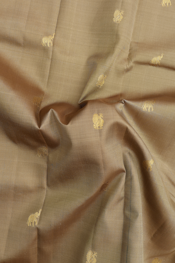 Kanchipuram Silk Saree In Dark Khaki With Elephant Buttas