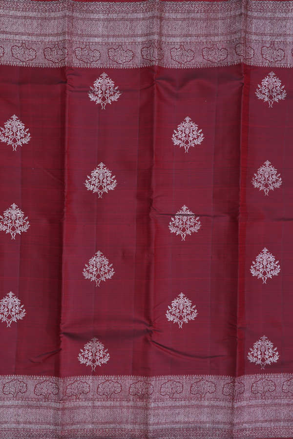Kanchipuram Silk Saree In Dark Maroon With Tree Motifs