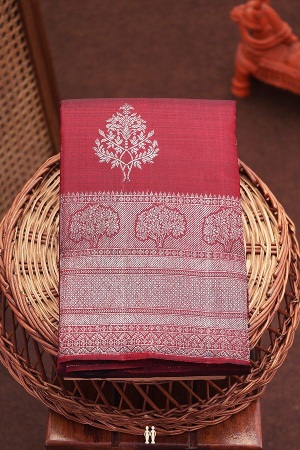 Kanchipuram Silk Saree In Dark Maroon With Tree Motifs