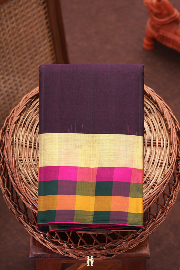 Kanchipuram Silk Saree In Dark Oak Brown With Checks Border