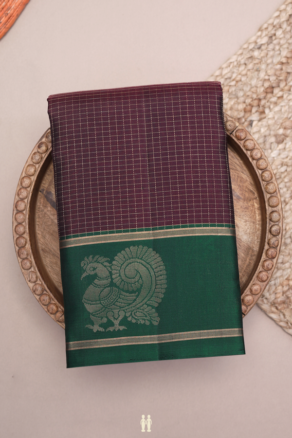Kanchipuram Silk Saree In Dark Oak Brown With Checks Design
