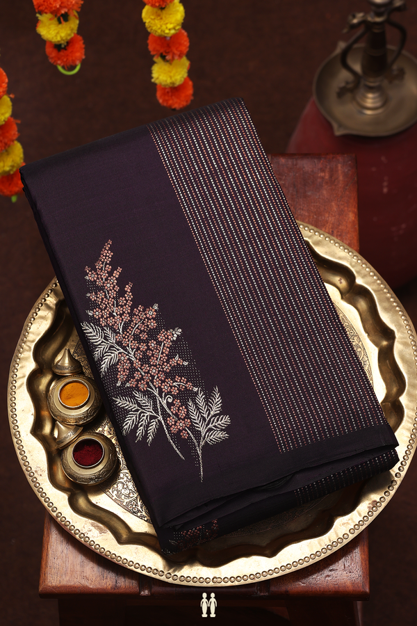 Kanchipuram Silk Saree In Dark Oak Brown With Floral Design