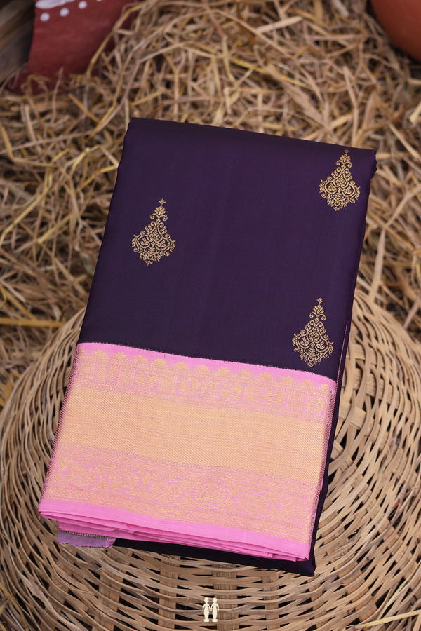 Kanchipuram Silk Saree In Dark Oak Brown With Zari Buttas