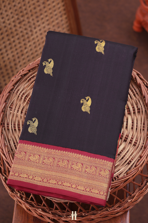 Kanchipuram Silk Saree In Dark Oak Brown With Paisley Buttas