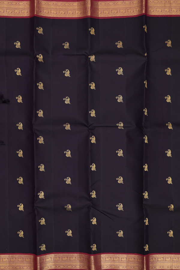 Kanchipuram Silk Saree In Dark Oak Brown With Paisley Buttas