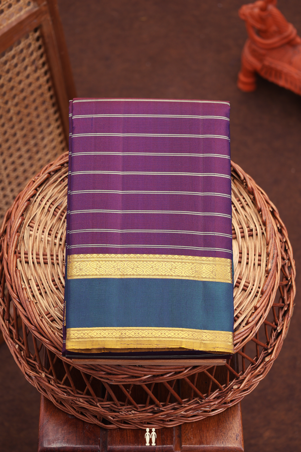 Kanchipuram Silk Saree In Dark Purple With Stripes Design