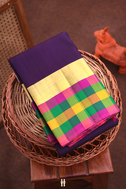 Kanchipuram Silk Saree In Deep Purple With Checks Border