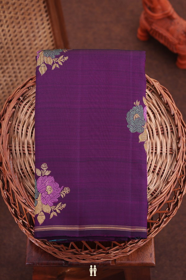 Kanchipuram Silk Saree In Deep Purple With Floral Motifs