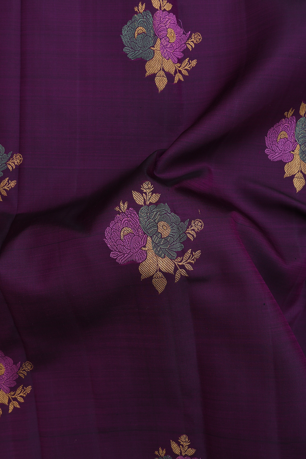 Kanchipuram Silk Saree In Deep Purple With Floral Motifs