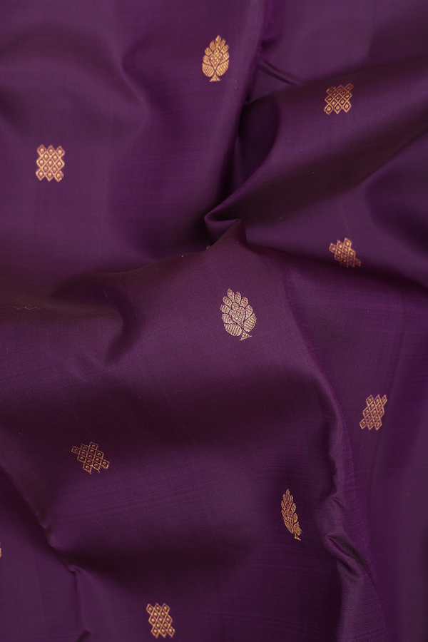 Kanchipuram Silk Saree In Deep Purple With Kolam Buttas