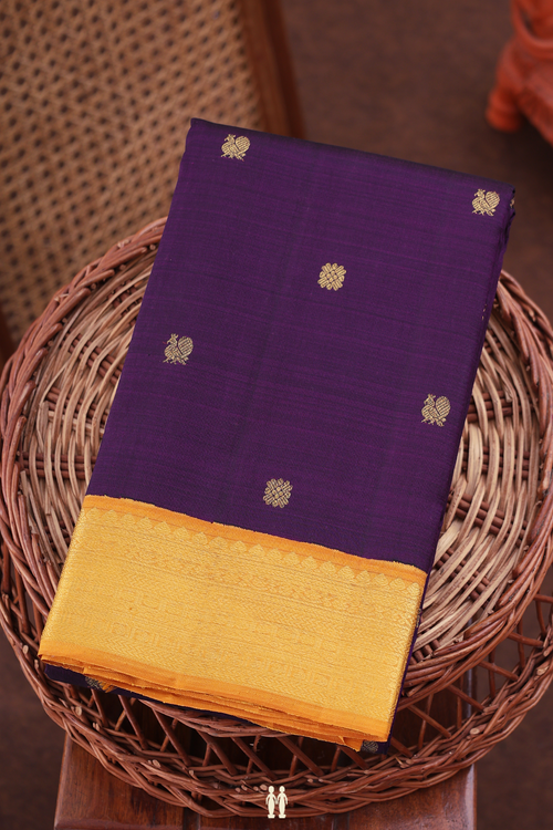 Kanchipuram Silk Saree In Deep Purple With Peacock Buttas