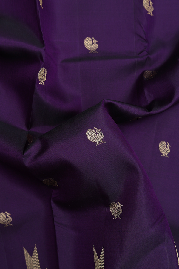 Kanchipuram Silk Saree In Deep Purple With Peacock Buttas