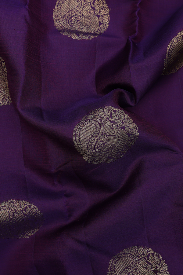 Kanchipuram Silk Saree In Deep Purple With Peacock Motifs