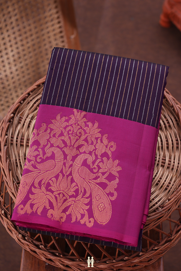 Kanchipuram Silk Saree In Deep Purple With Stripes Design