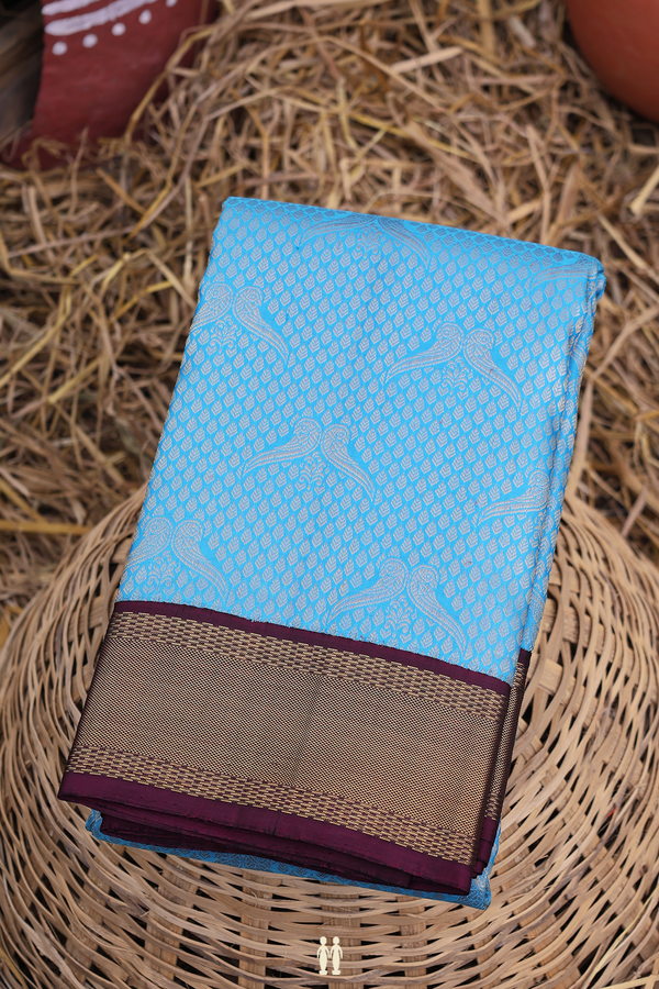 Kanchipuram Silk Saree In Deep Sky Blue With Brocade Design