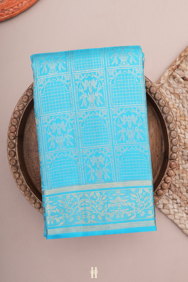 Kanchipuram Silk Saree In Deep Sky Blue With Brocade Design