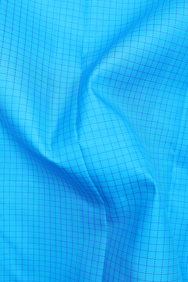 Kanchipuram Silk Saree In Deep Sky Blue With Checks Design