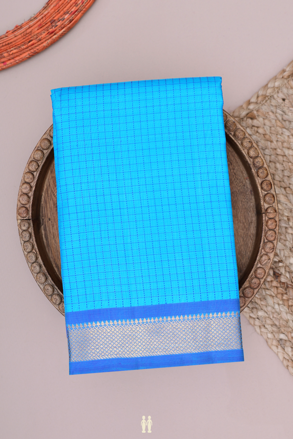 Kanchipuram Silk Saree In Deep Sky Blue With Checks Design