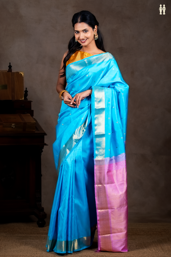 Kanchipuram Silk Saree In Deep Sky Blue With Floral Buttas