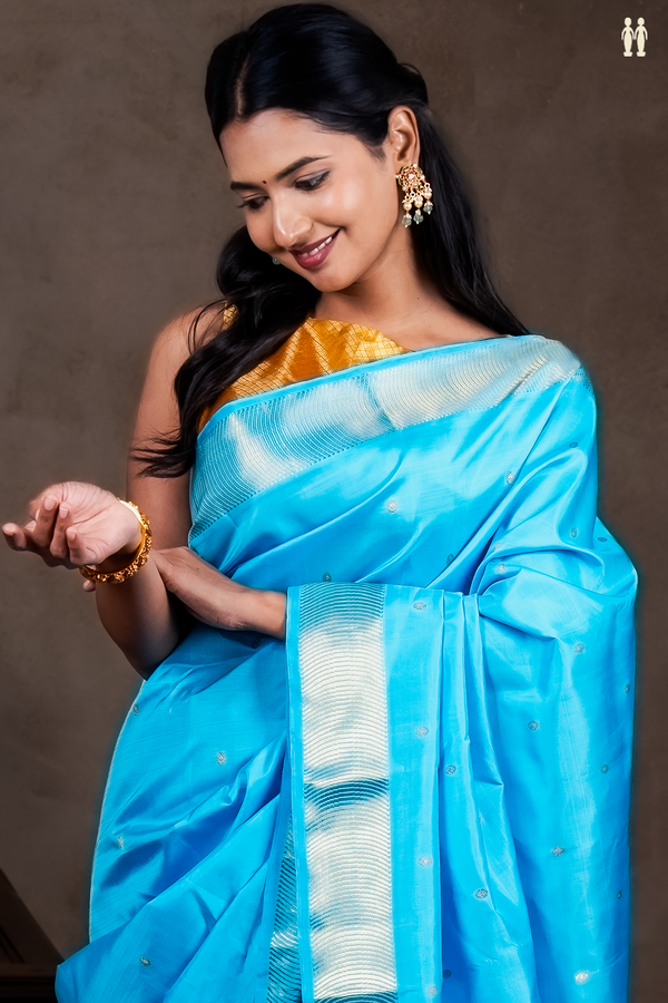 Kanchipuram Silk Saree In Deep Sky Blue With Floral Buttas