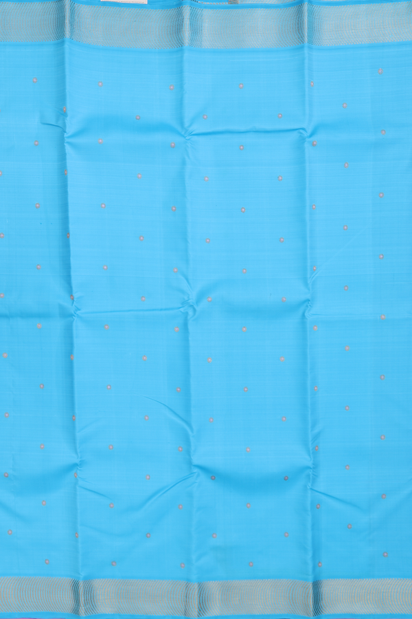 Kanchipuram Silk Saree In Deep Sky Blue With Floral Buttis