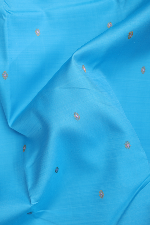 Kanchipuram Silk Saree In Deep Sky Blue With Floral Buttis