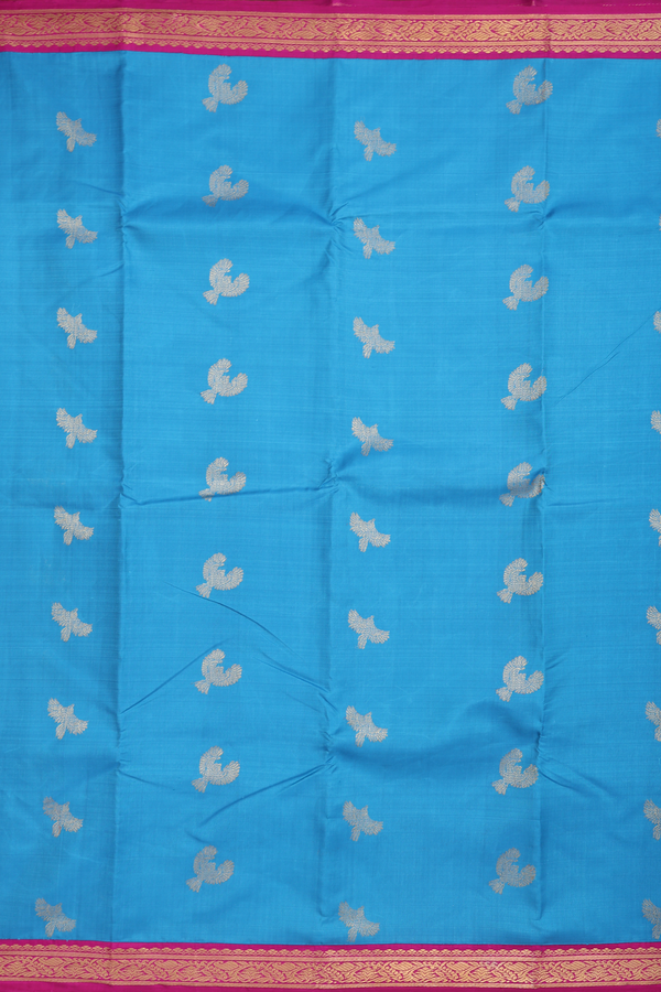 Kanchipuram Silk Saree In Deep Sky Blue With Parrot Buttas