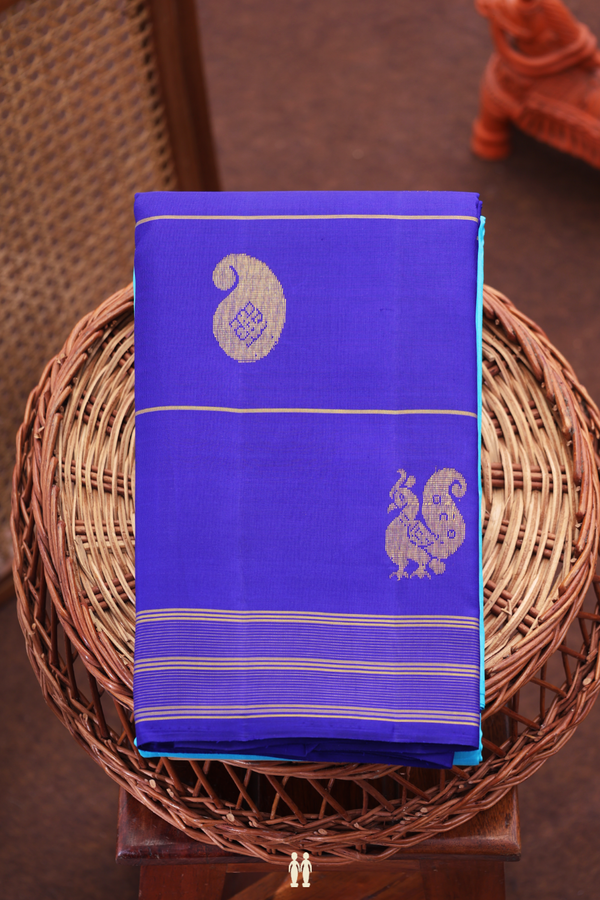 Kanchipuram Silk Saree In Deep Sky Blue With Peacock Border
