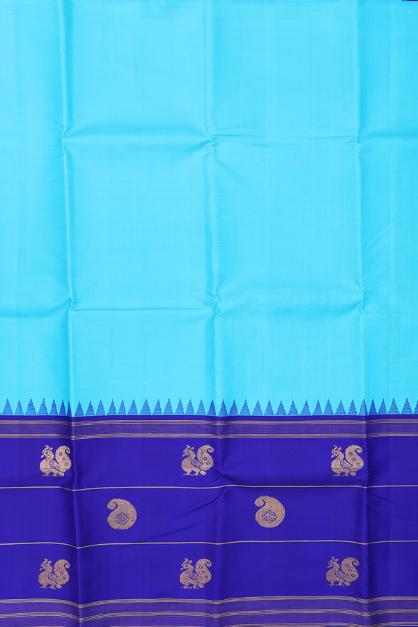 Kanchipuram Silk Saree In Deep Sky Blue With Peacock Border