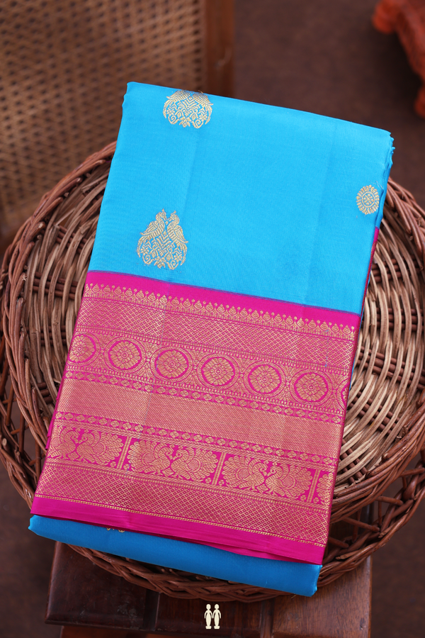 Kanchipuram Silk Saree In Deep Sky Blue With Peacock Motifs