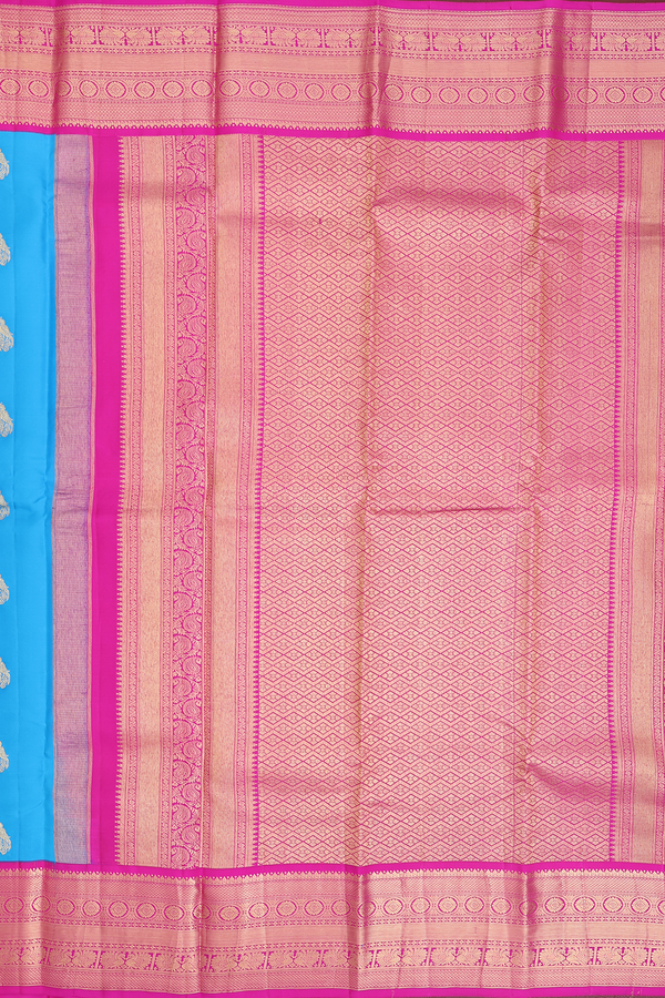 Kanchipuram Silk Saree In Deep Sky Blue With Peacock Motifs