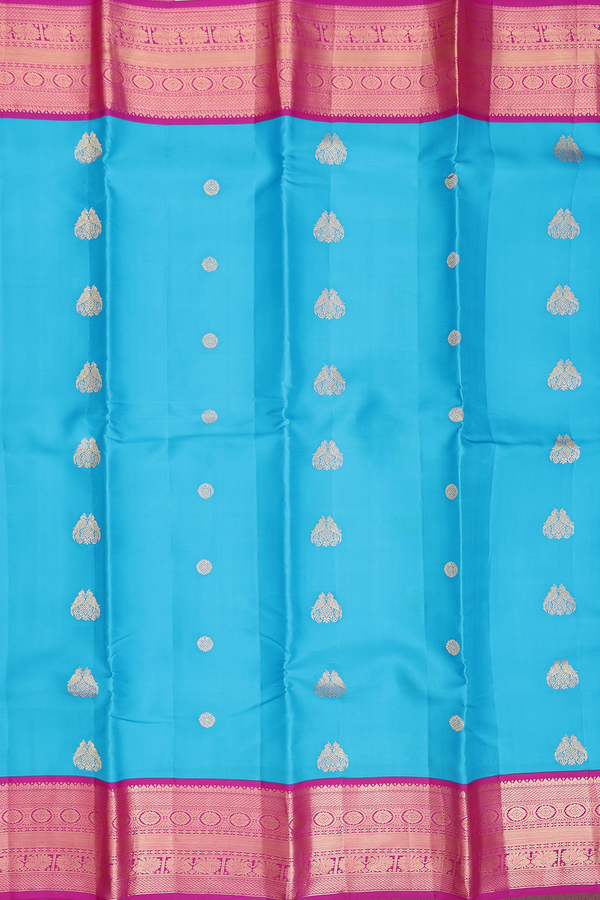 Kanchipuram Silk Saree In Deep Sky Blue With Peacock Motifs