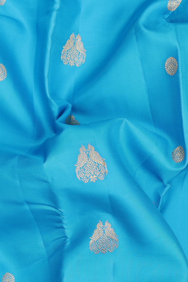 Kanchipuram Silk Saree In Deep Sky Blue With Peacock Motifs