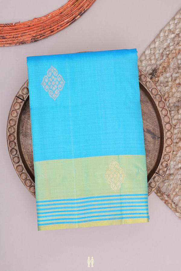 Kanchipuram Silk Saree In Deep Sky Blue With Zari Buttas