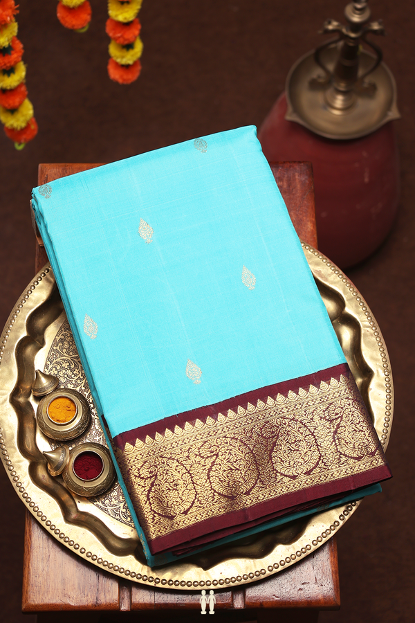 Kanchipuram Silk Saree In Deep Sky Blue With Zari Buttas