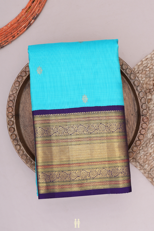 Kanchipuram Silk Saree In Deep Sky Blue With Zari Buttas