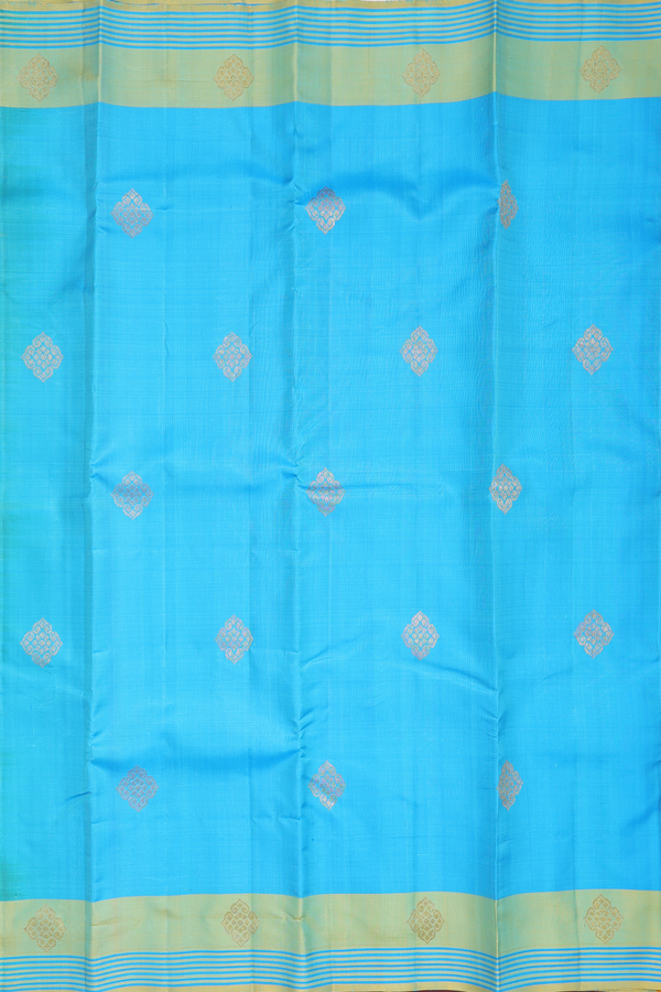 Kanchipuram Silk Saree In Deep Sky Blue With Zari Buttas