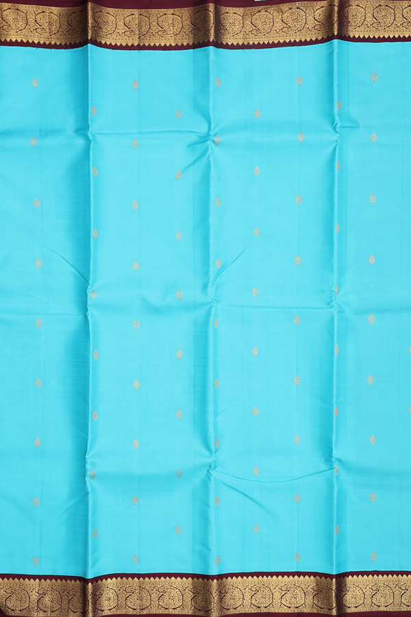 Kanchipuram Silk Saree In Deep Sky Blue With Zari Buttas