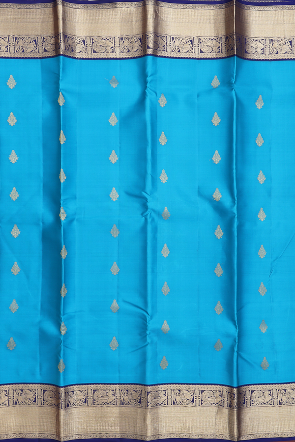 Kanchipuram Silk Saree In Deep Sky Blue With Zari Buttas