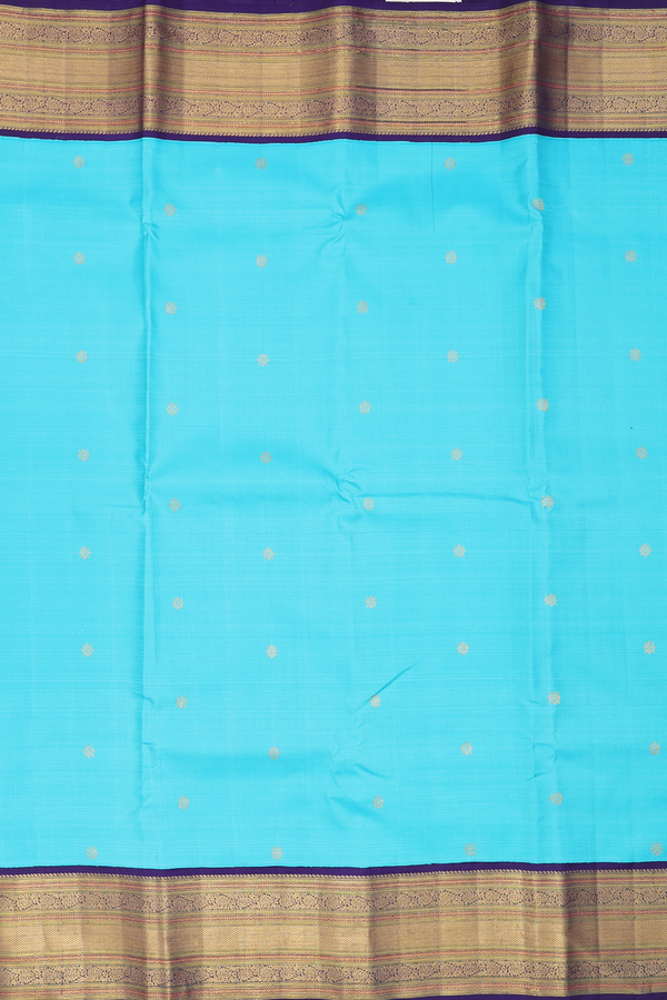 Kanchipuram Silk Saree In Deep Sky Blue With Zari Buttas