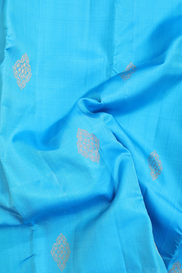 Kanchipuram Silk Saree In Deep Sky Blue With Zari Buttas