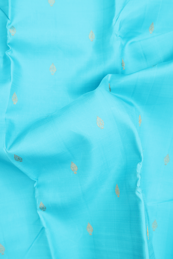 Kanchipuram Silk Saree In Deep Sky Blue With Zari Buttas