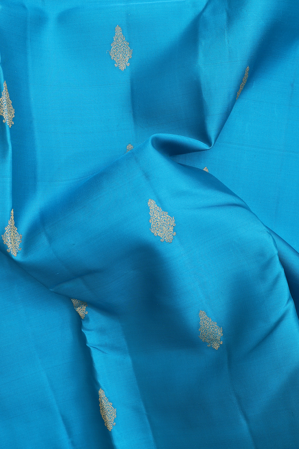 Kanchipuram Silk Saree In Deep Sky Blue With Zari Buttas
