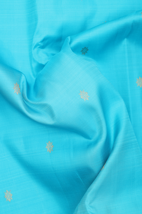 Kanchipuram Silk Saree In Deep Sky Blue With Zari Buttas