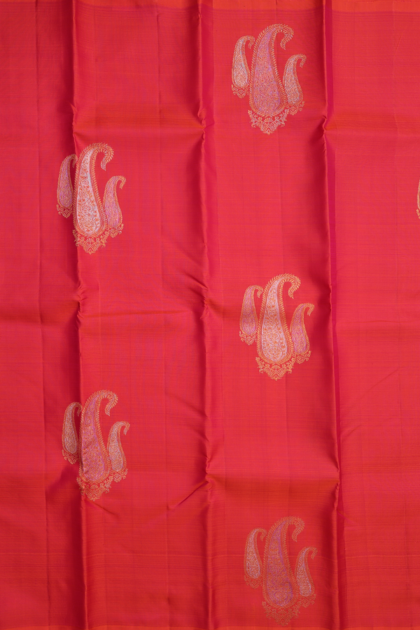 Kanchipuram Silk Saree In Reddish Pink  With Paisley Motifs