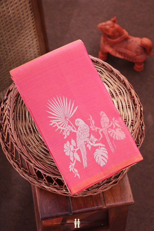 Kanchipuram Silk Saree In Coral Pink With Parrot Design
