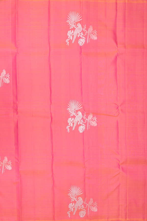 Kanchipuram Silk Saree In Coral Pink With Parrot Design