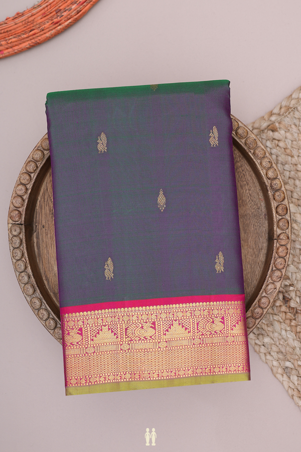 Kanchipuram Silk Saree In Dual Tone With Peacock Buttis