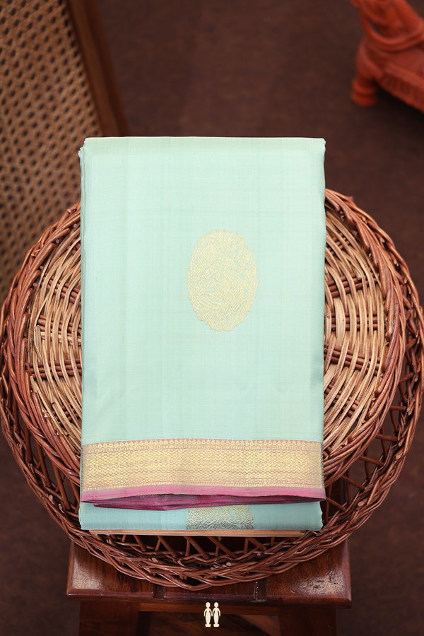 Kanchipuram Silk Saree In Dusty Green With Peacock Motifs